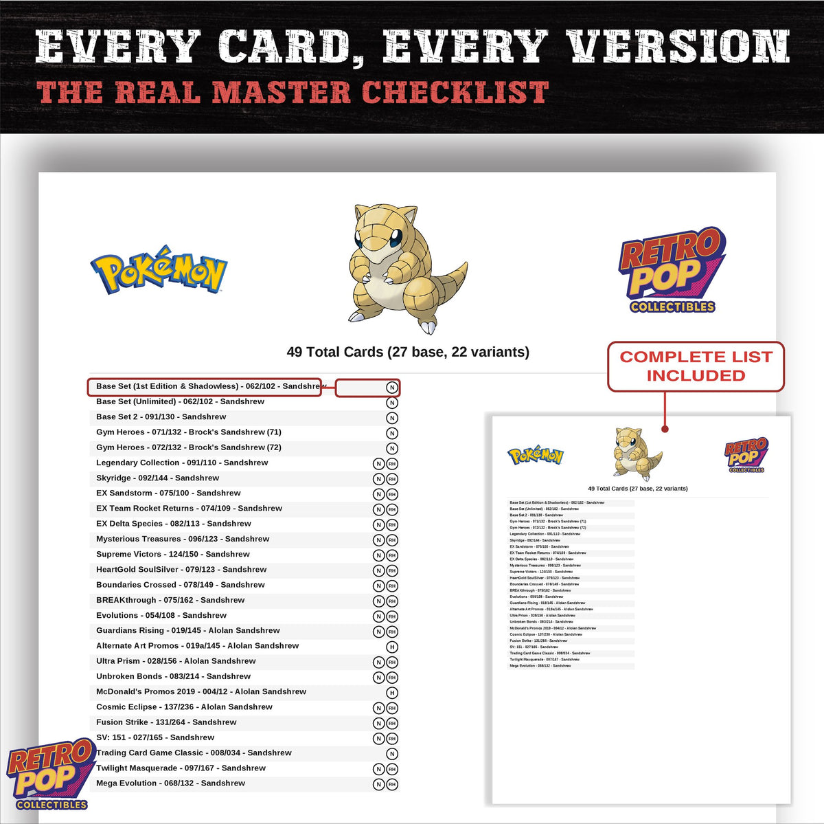 Sandshrew master set checklist PDF preview - every card listed