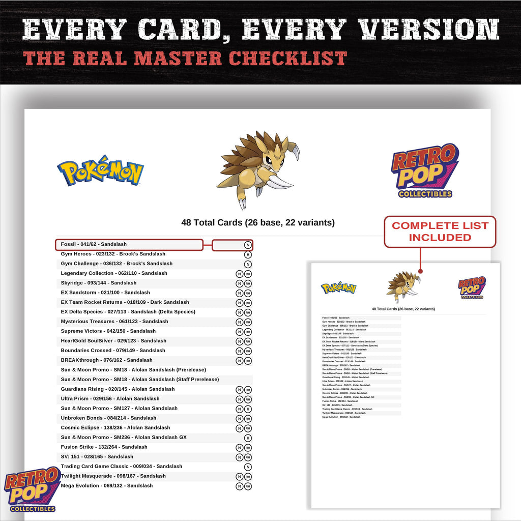 Sandslash master set checklist PDF preview - every card listed