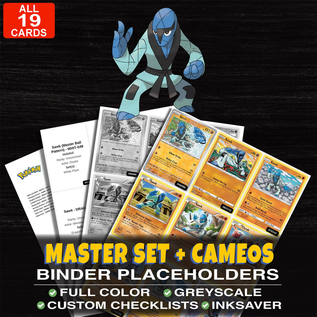 Every Sawk Pokemon card ever made - master set binder placeholders with Sawk