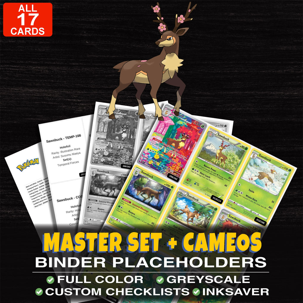 Every Sawsbuck Pokemon card ever made - master set binder placeholders with Sawsbuck
