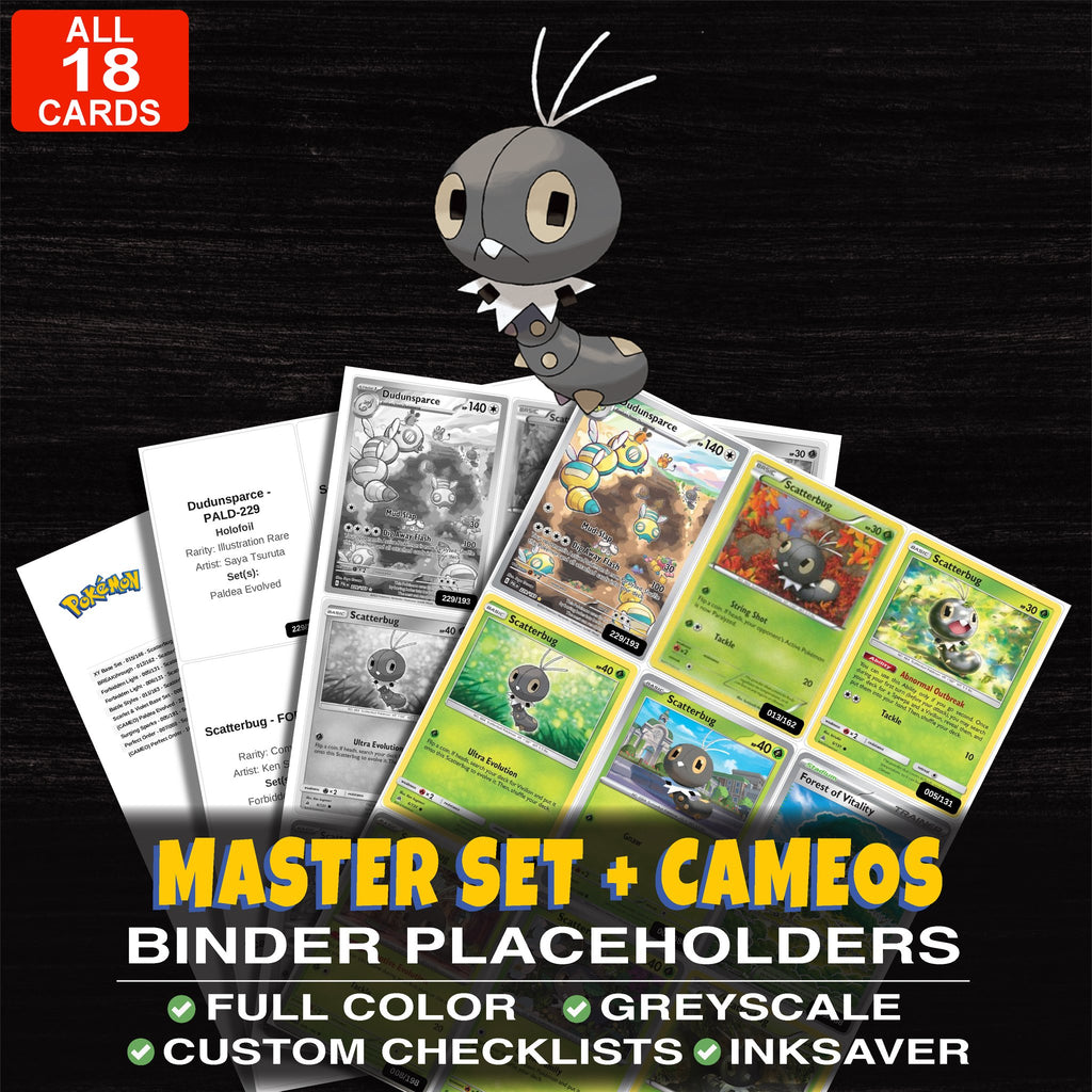Every Scatterbug Pokemon card ever made - master set binder placeholders with Scatterbug
