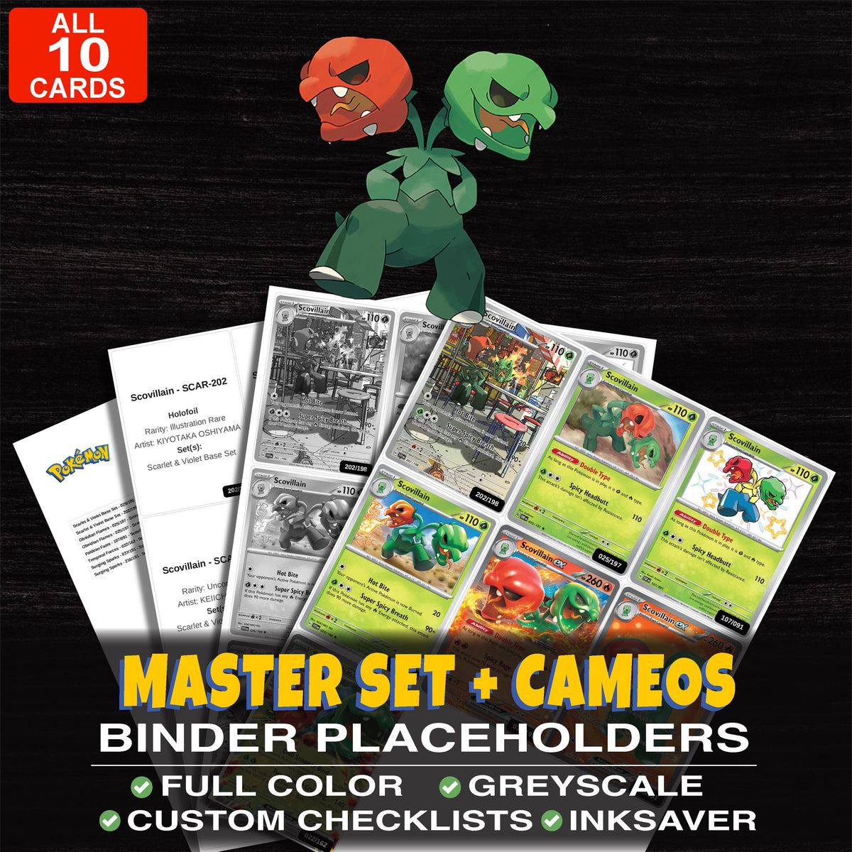 Every Scovillain Pokemon card ever made - master set binder placeholders with Scovillain