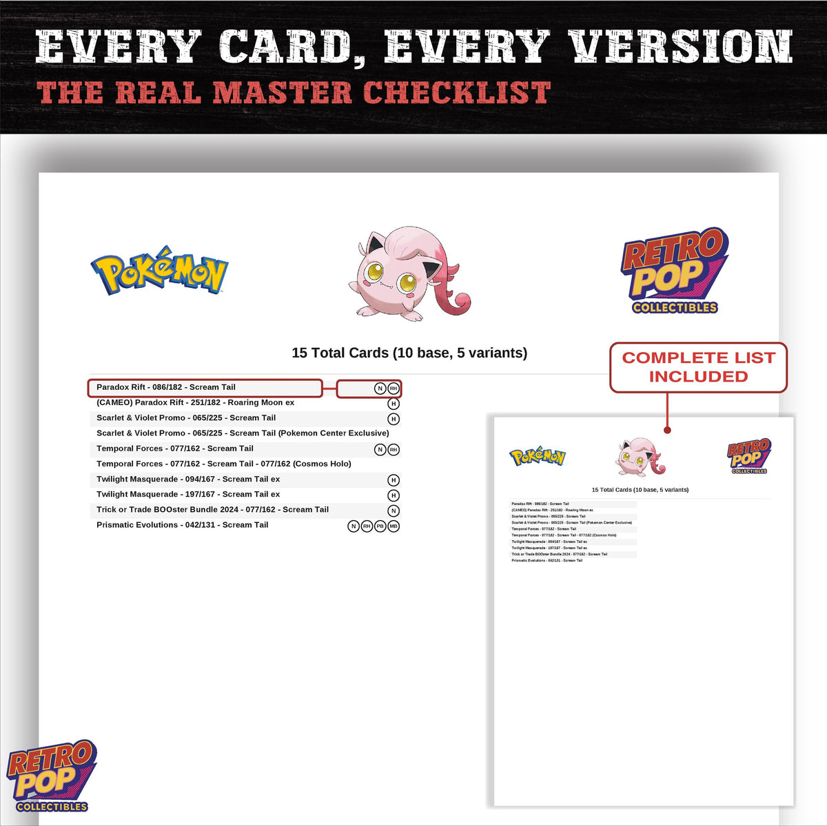 Scream Tail master set checklist PDF preview - every card listed