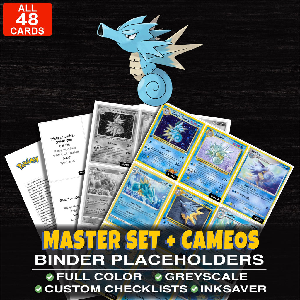Every Seadra Pokemon card ever made - master set binder placeholders with Misty's Seadra