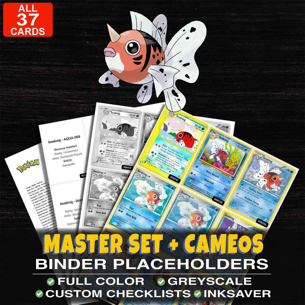 Every Seaking Pokemon card ever made - master set binder placeholders with Seaking