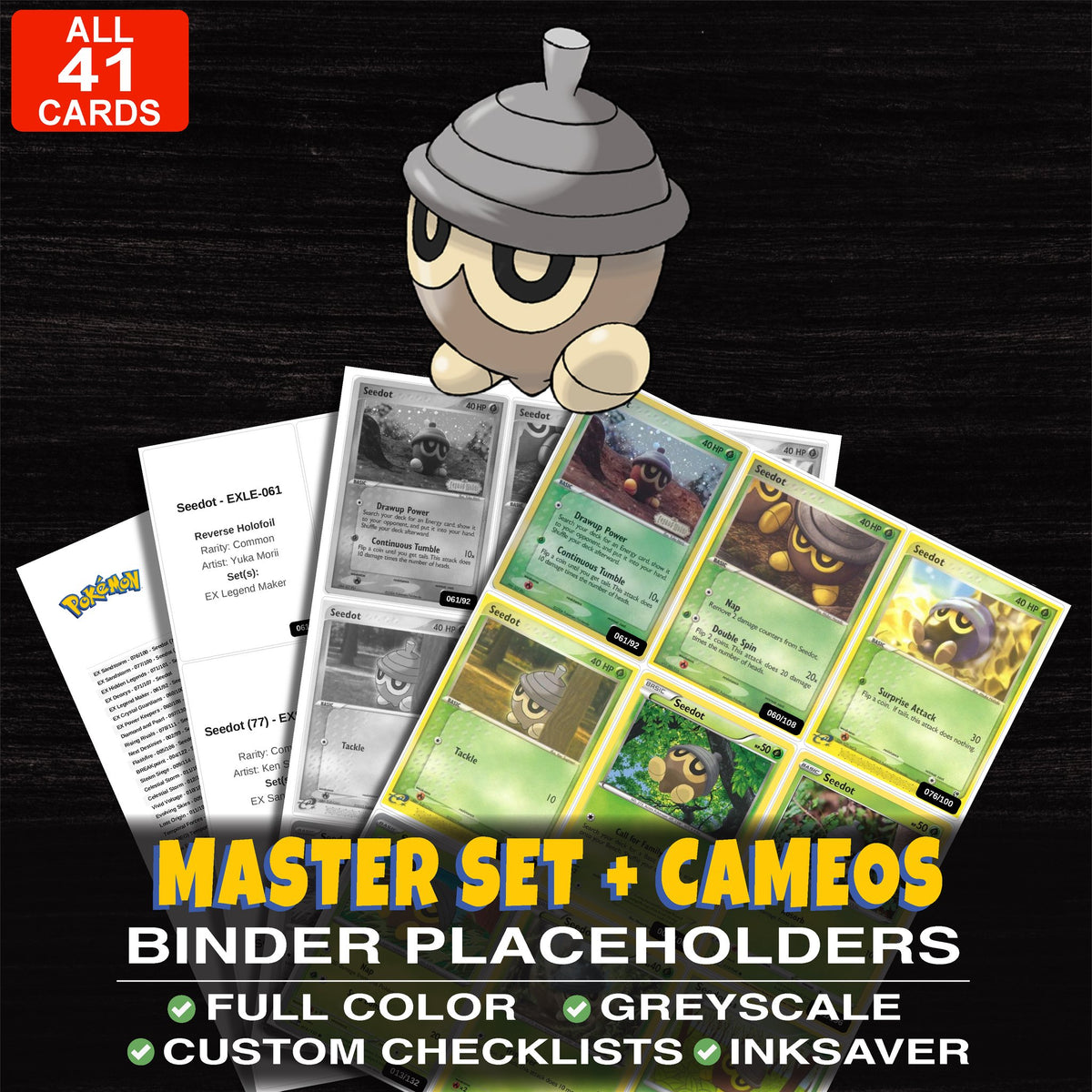 Every Seedot Pokemon card ever made - master set binder placeholders with Seedot
