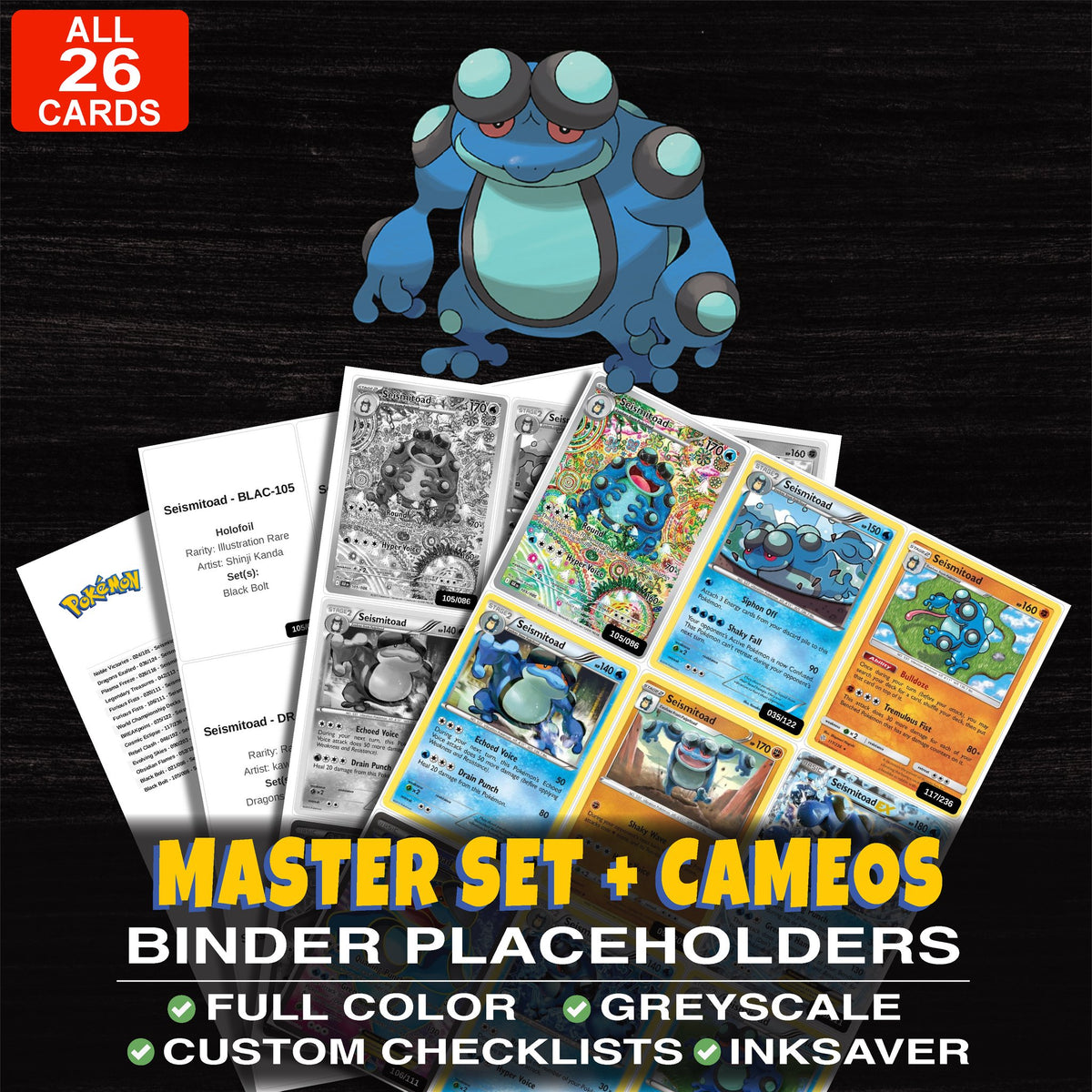 Every Seismitoad Pokemon card ever made - master set binder placeholders with Seismitoad