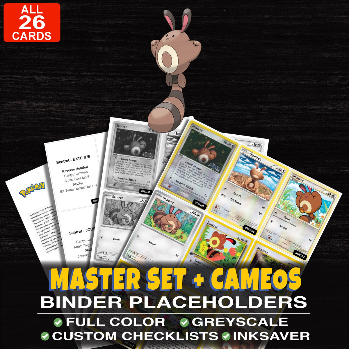 Every Sentret Pokemon card ever made - master set binder placeholders with Sentret