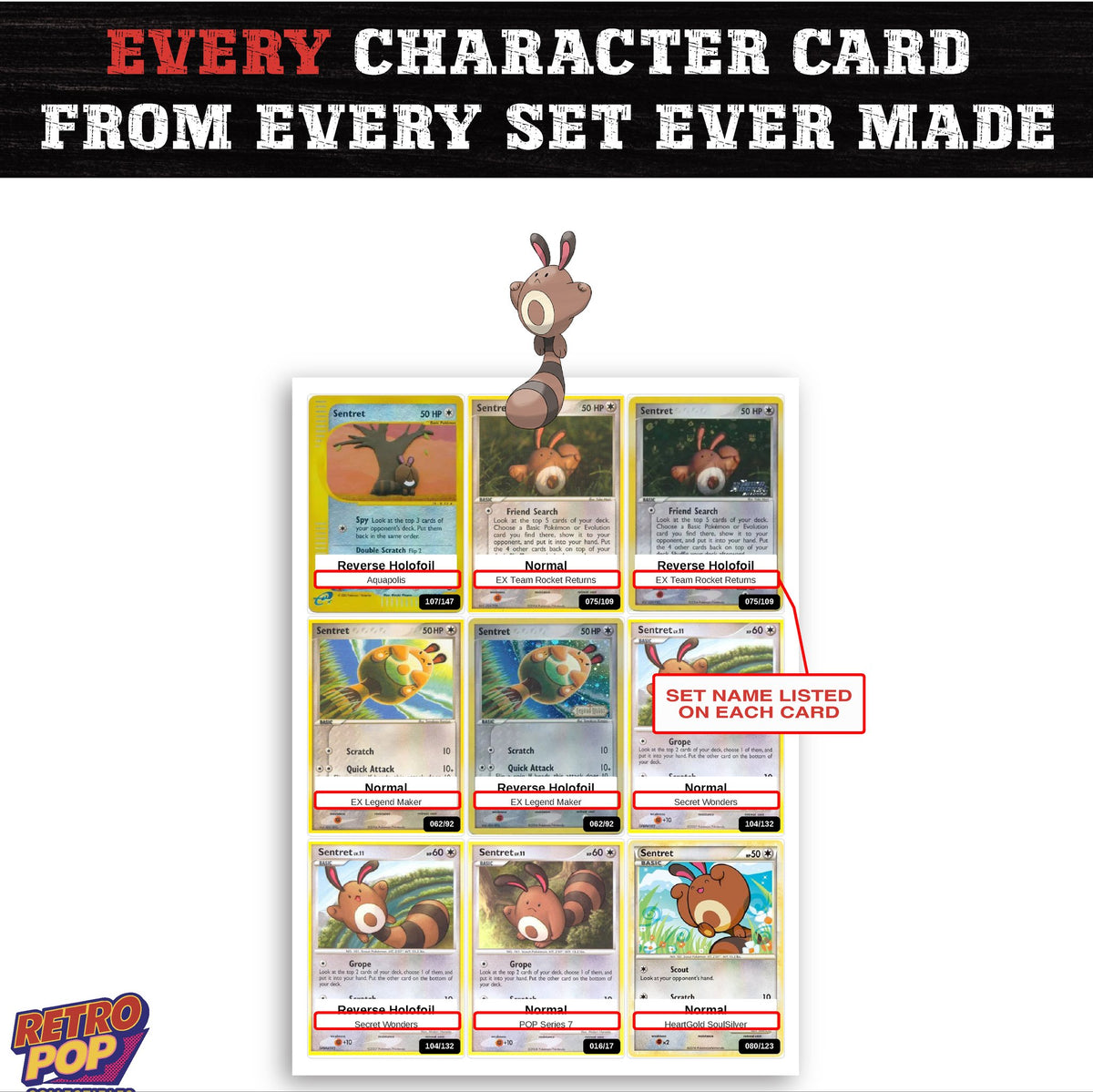 Sentret card collection preview - every set Sentret appears in