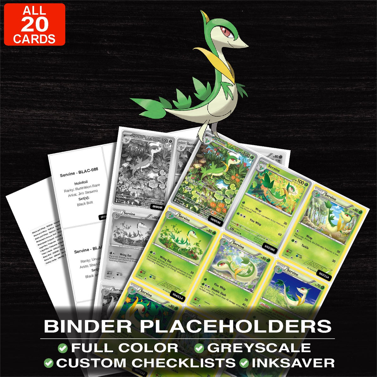 Every Servine Pokemon card ever made - master set binder placeholders with Servine