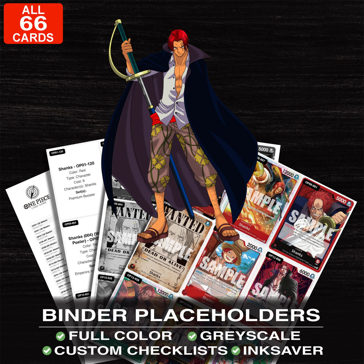 Shanks One Piece card binder placeholders printable PDF - includes Shanks