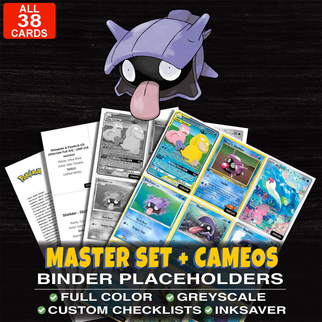 Every Shellder Pokemon card ever made - master set binder placeholders with Shellder