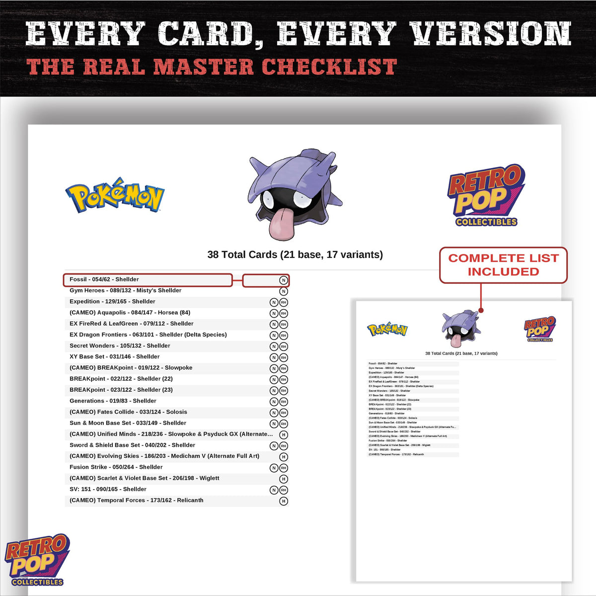 Shellder master set checklist PDF preview - every card listed