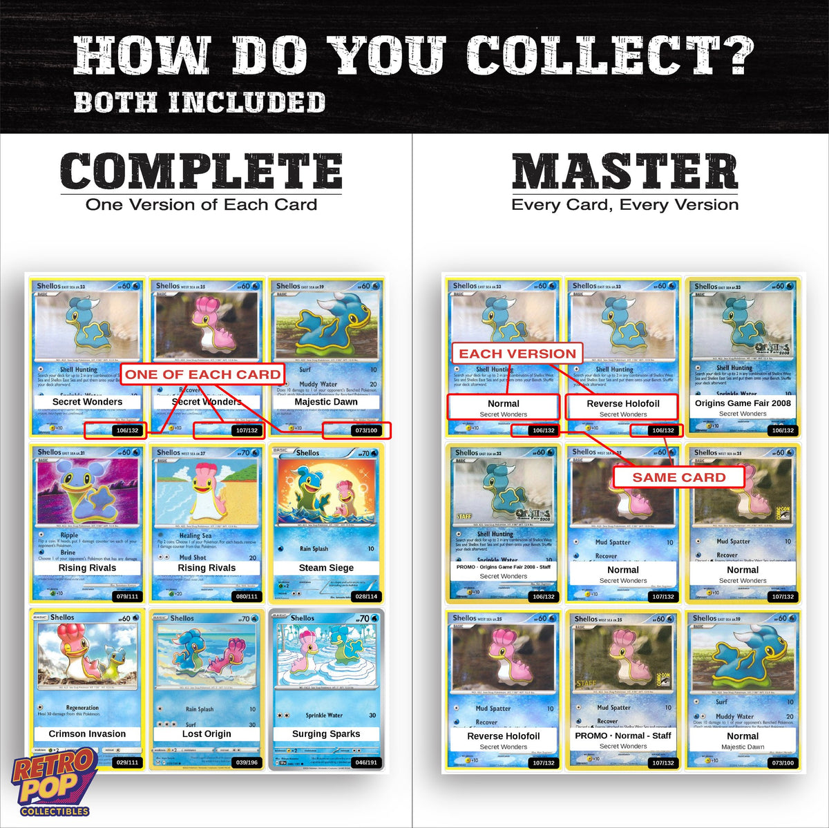 Complete Set vs Master Set versions of the Shellos binder placeholders