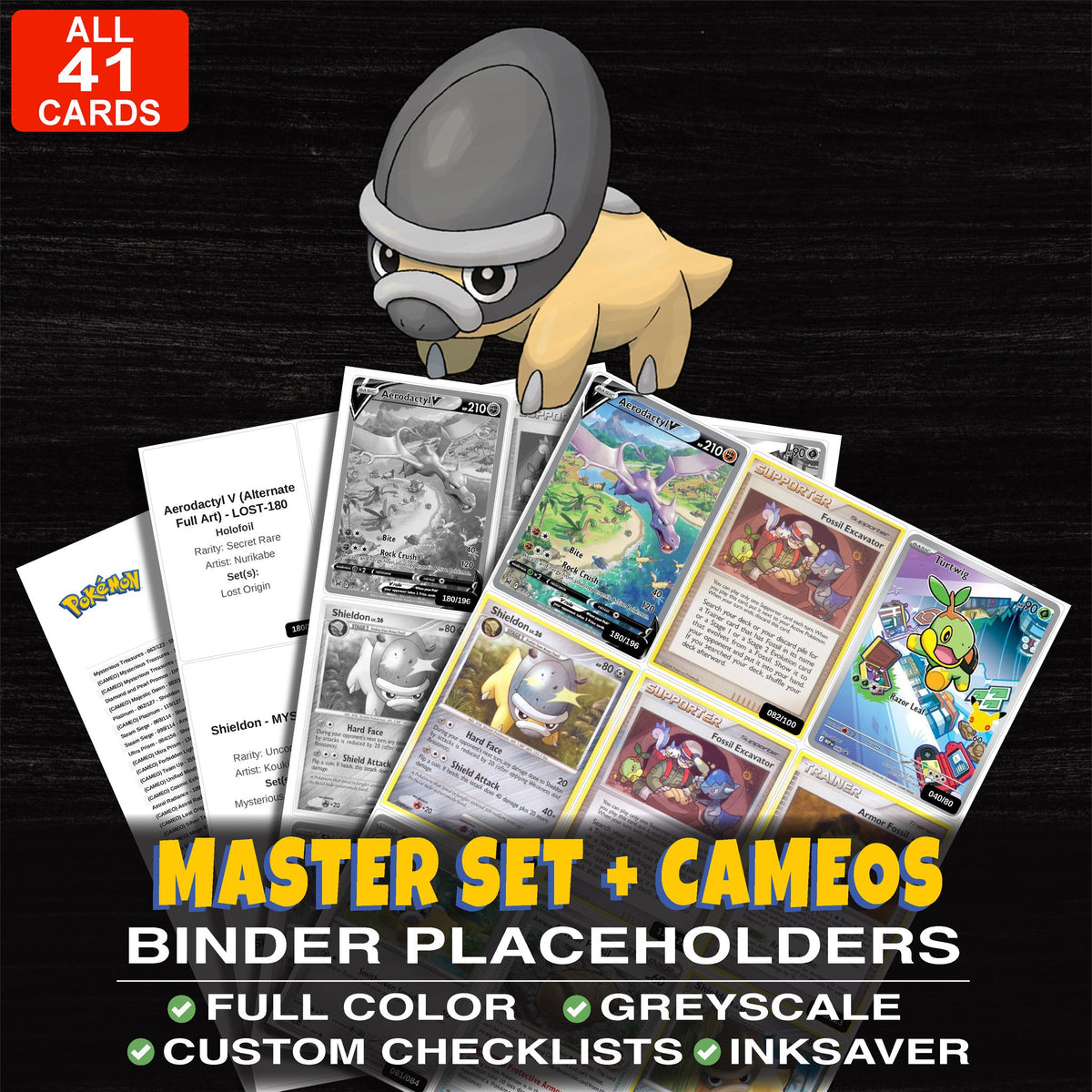 Every Shieldon Pokemon card ever made - master set binder placeholders with Shieldon