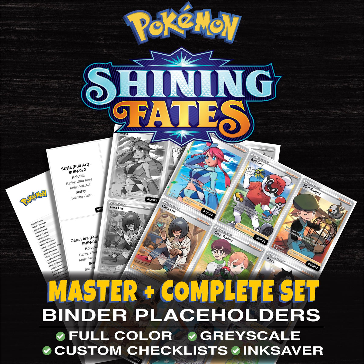 Shining Fates Pokemon binder placeholders printable PDF - includes Skyla (Full Art)