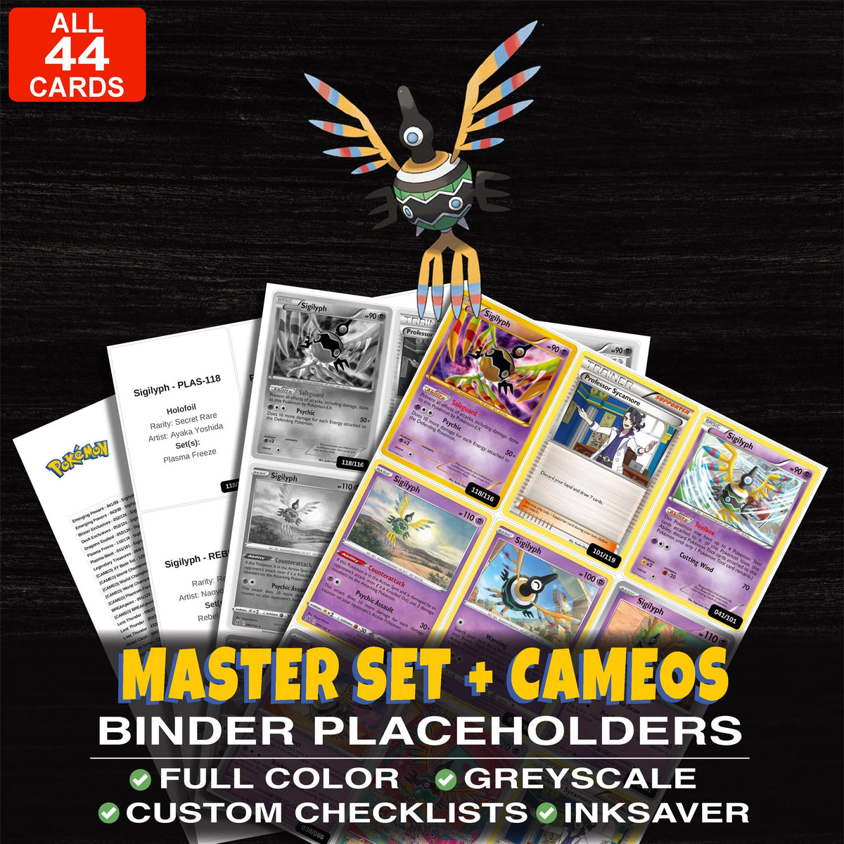 Every Sigilyph Pokemon card ever made - master set binder placeholders with Sigilyph