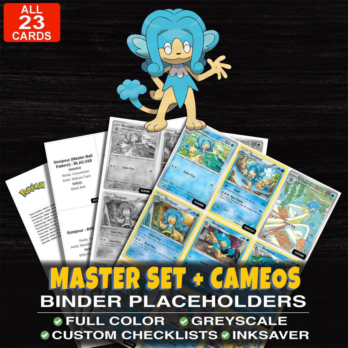 Every Simipour Pokemon card ever made - master set binder placeholders with Simipour