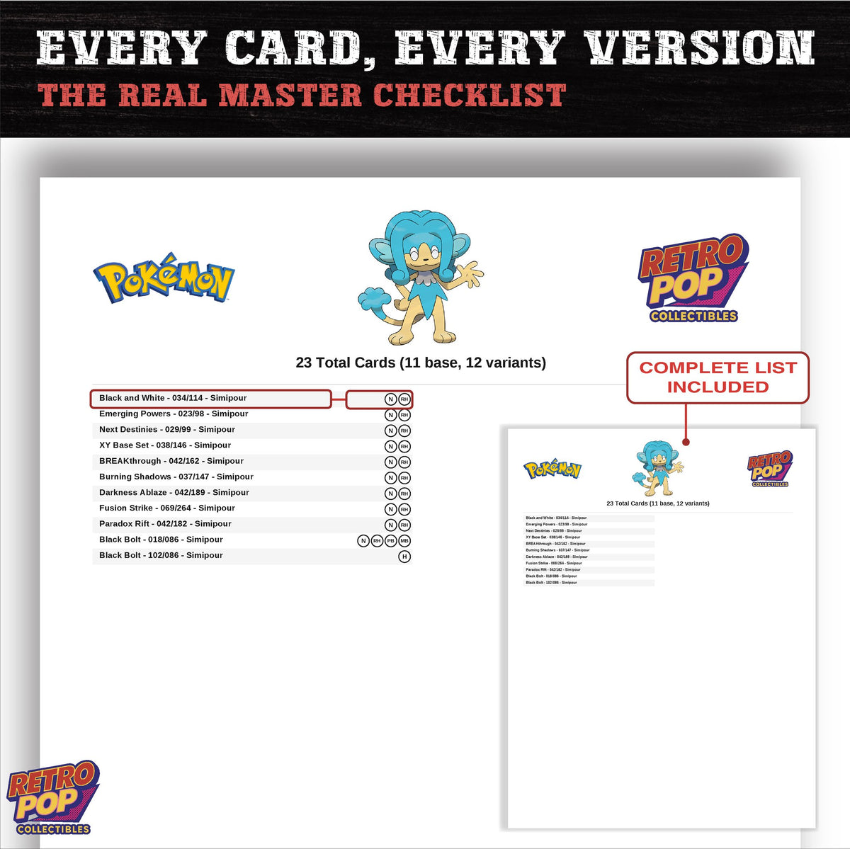 Simipour master set checklist PDF preview - every card listed