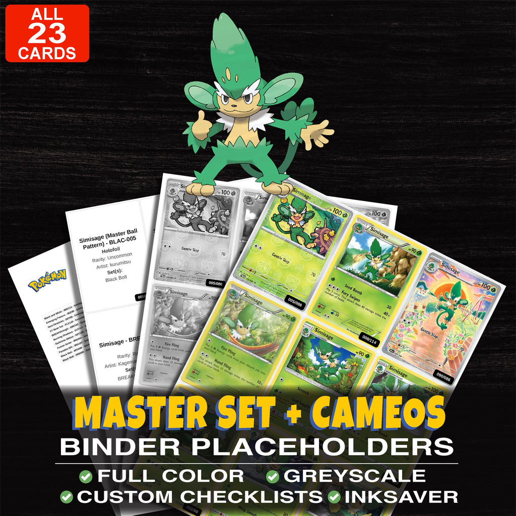 Every Simisage Pokemon card ever made - master set binder placeholders with Simisage