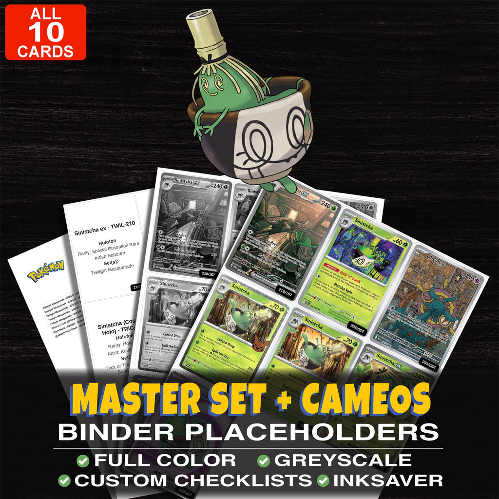 Every Sinistcha Pokemon card ever made - master set binder placeholders with Sinistcha ex