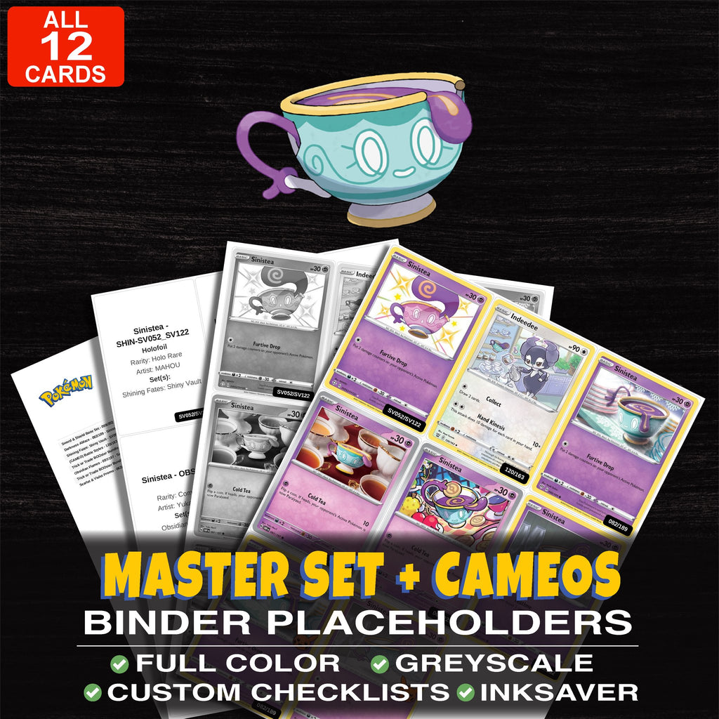 Every Sinistea Pokemon card ever made - master set binder placeholders with Sinistea