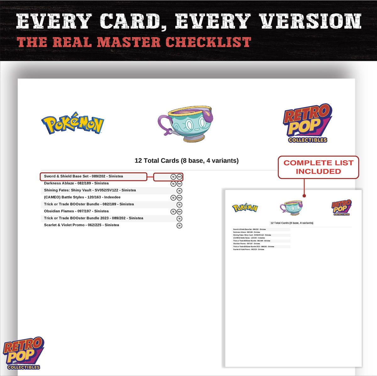 Sinistea master set checklist PDF preview - every card listed