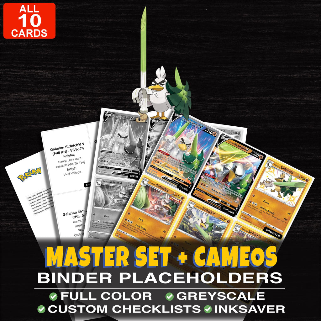 Every Sirfetch'd Pokemon card ever made - master set binder placeholders with Galarian Sirfetch'd V (Full Art)