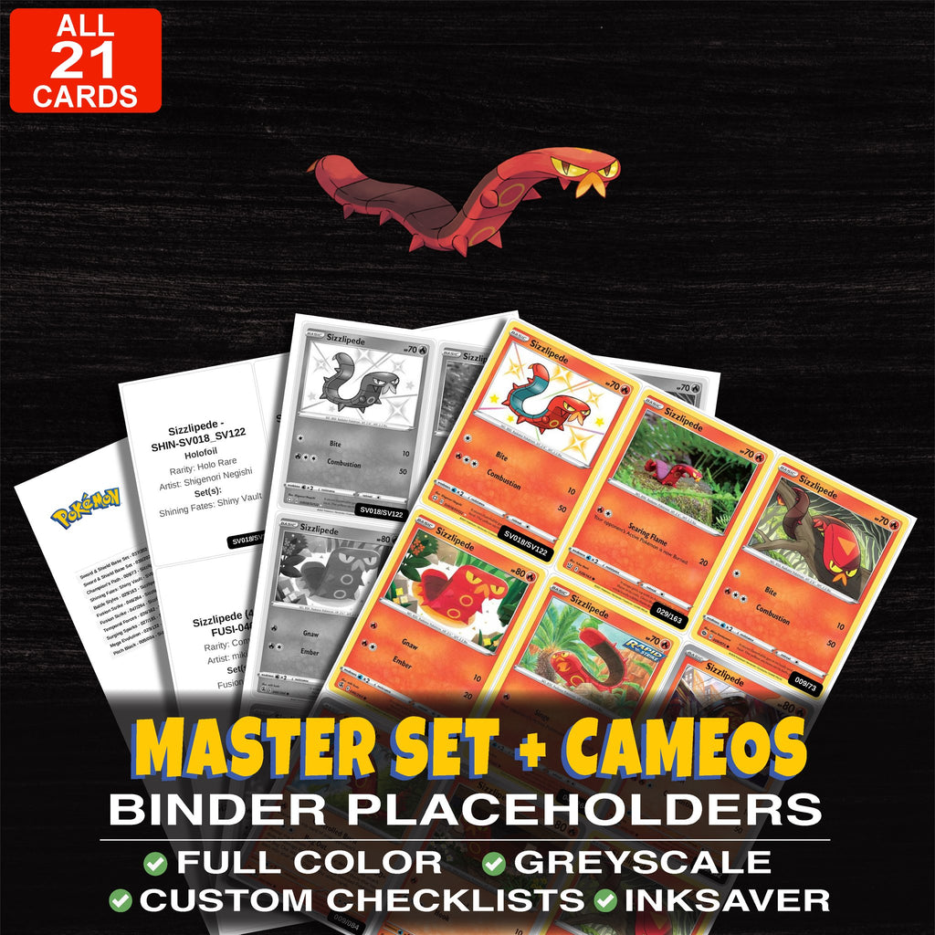 Every Sizzlipede Pokemon card ever made - master set binder placeholders with Sizzlipede