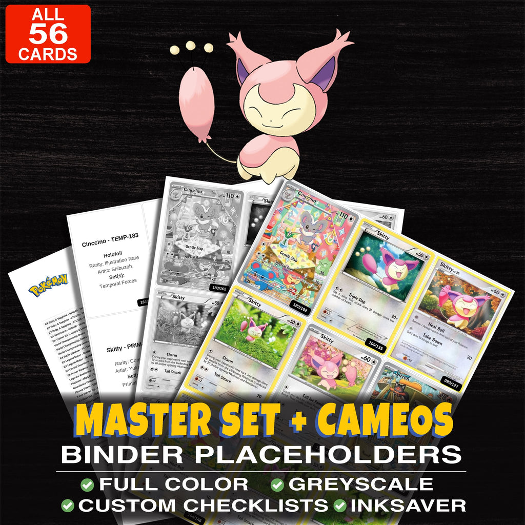 Every Skitty Pokemon card ever made - master set binder placeholders with Skitty