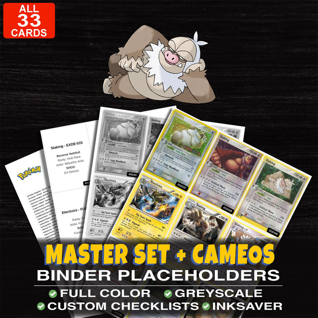 Every Slaking Pokemon card ever made - master set binder placeholders with Slaking