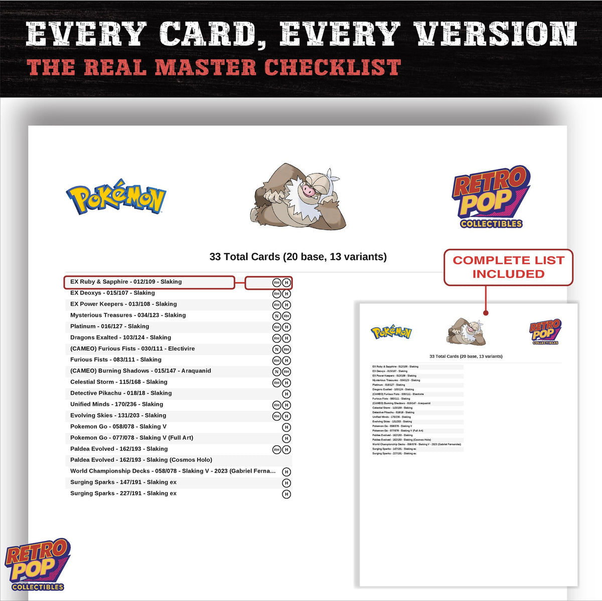 Slaking master set checklist PDF preview - every card listed