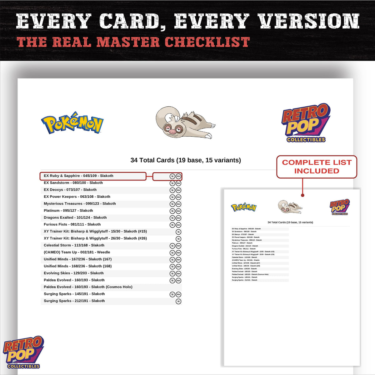 Slakoth master set checklist PDF preview - every card listed