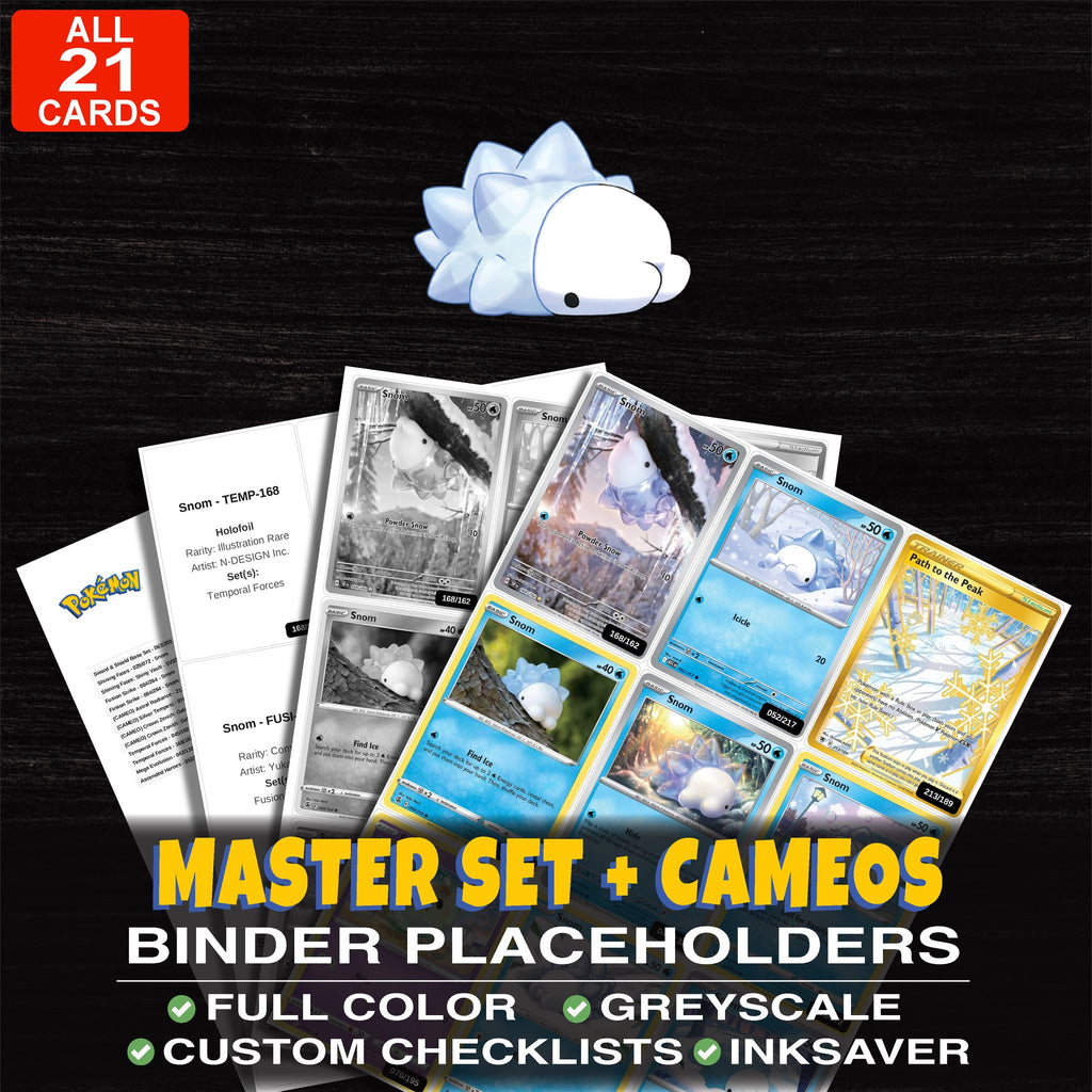 Every Snom Pokemon card ever made - master set binder placeholders with Snom