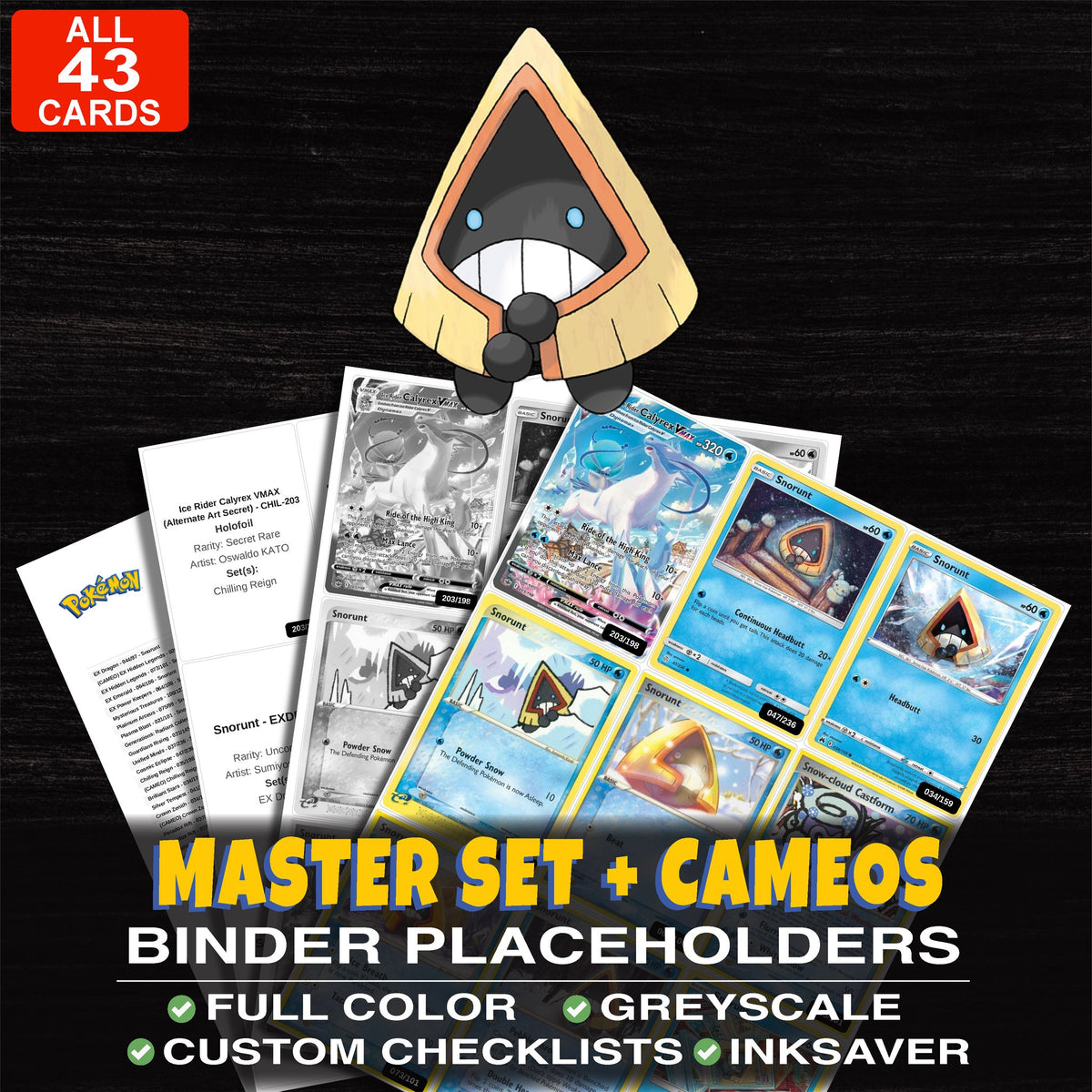 Every Snorunt Pokemon card ever made - master set binder placeholders with Snorunt