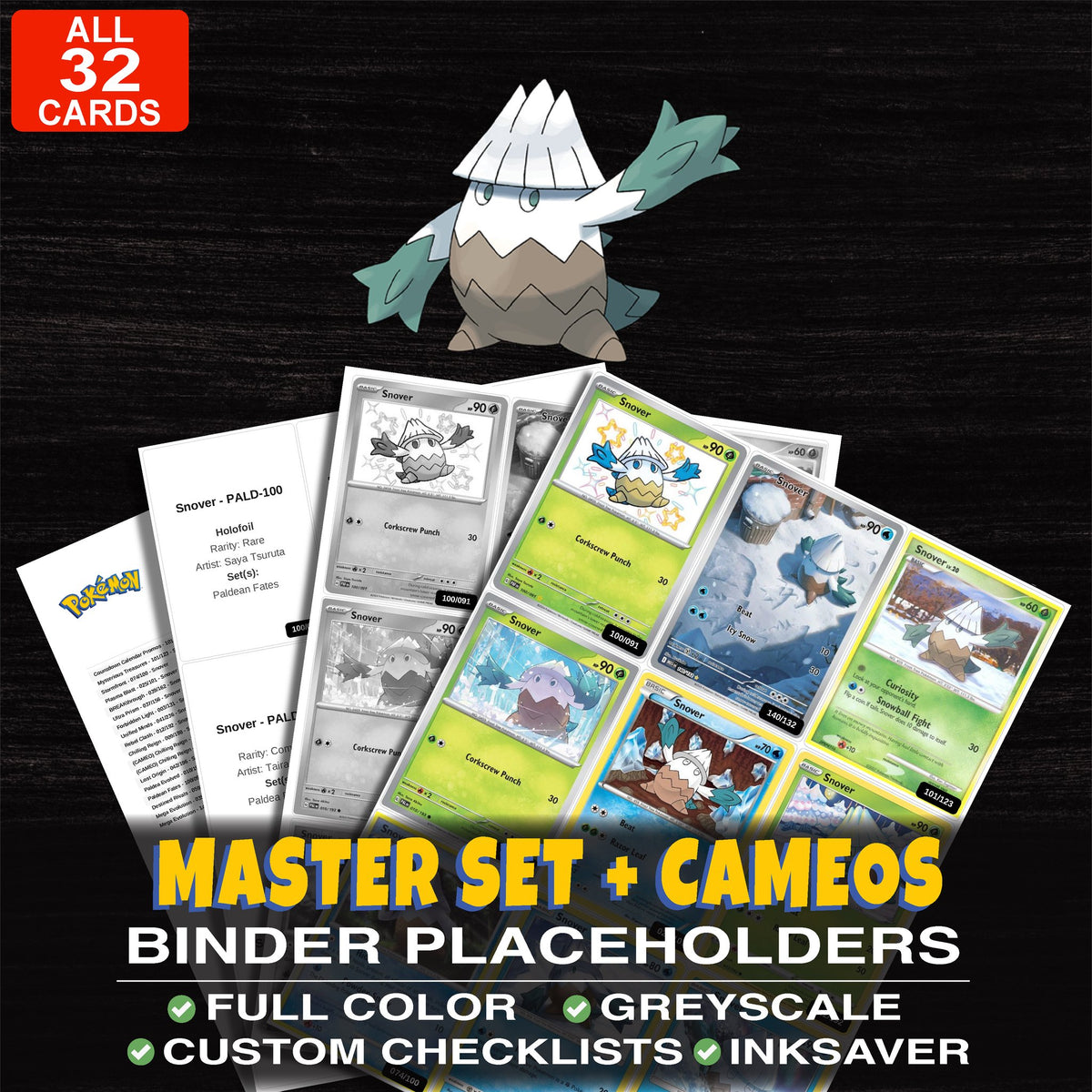 Every Snover Pokemon card ever made - master set binder placeholders with Snover