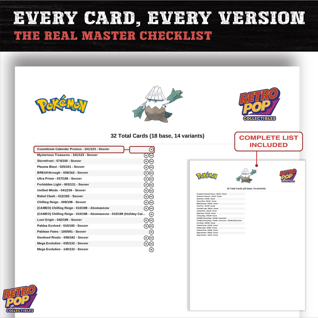 Snover master set checklist PDF preview - every card listed