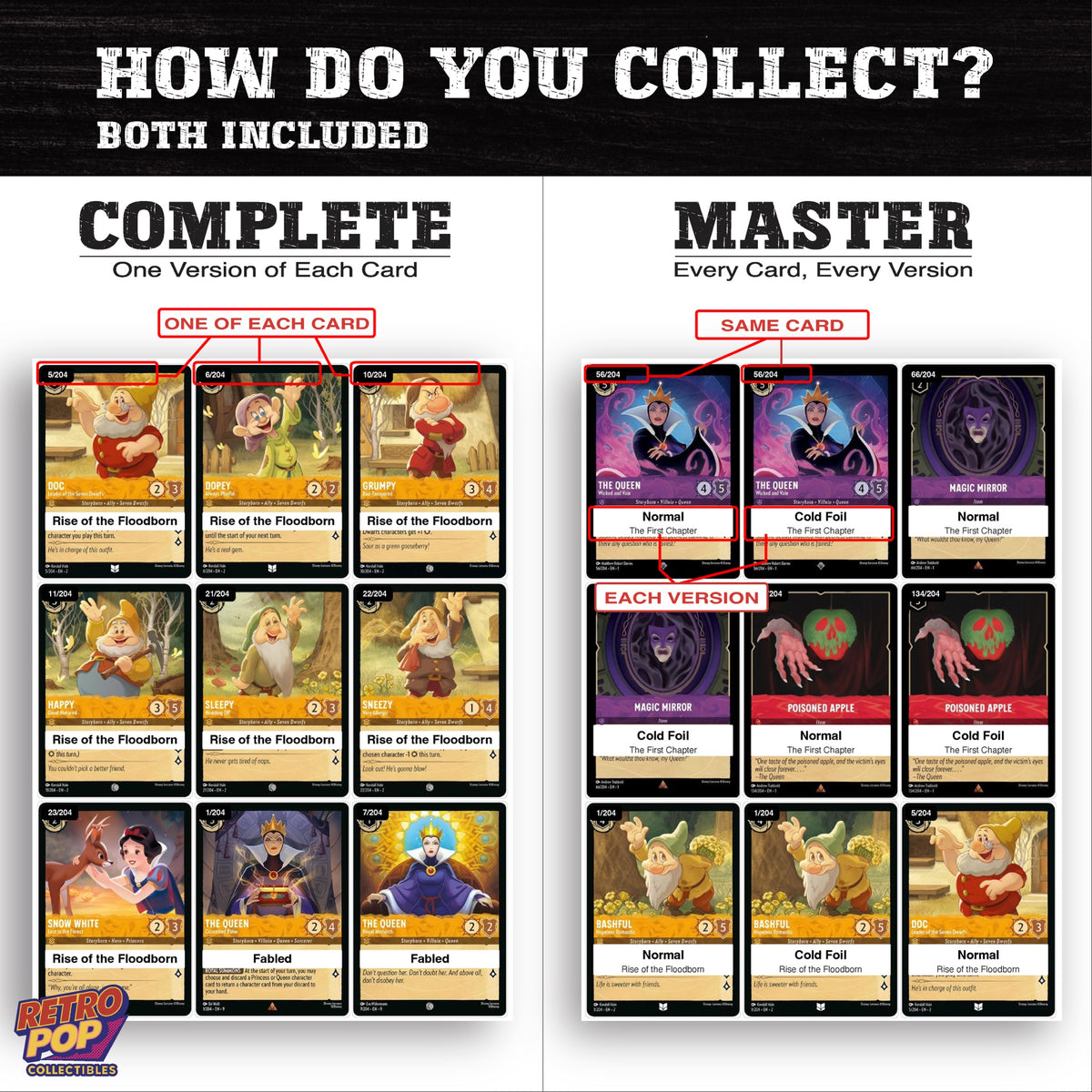 Complete Set vs Master Set versions of Snow White Lorcana binder placeholders