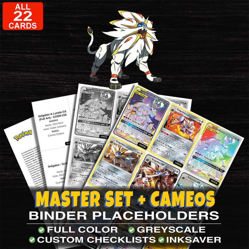 Every Solgaleo Pokemon card ever made - master set binder placeholders with Solgaleo & Lunala GX (Full Art)