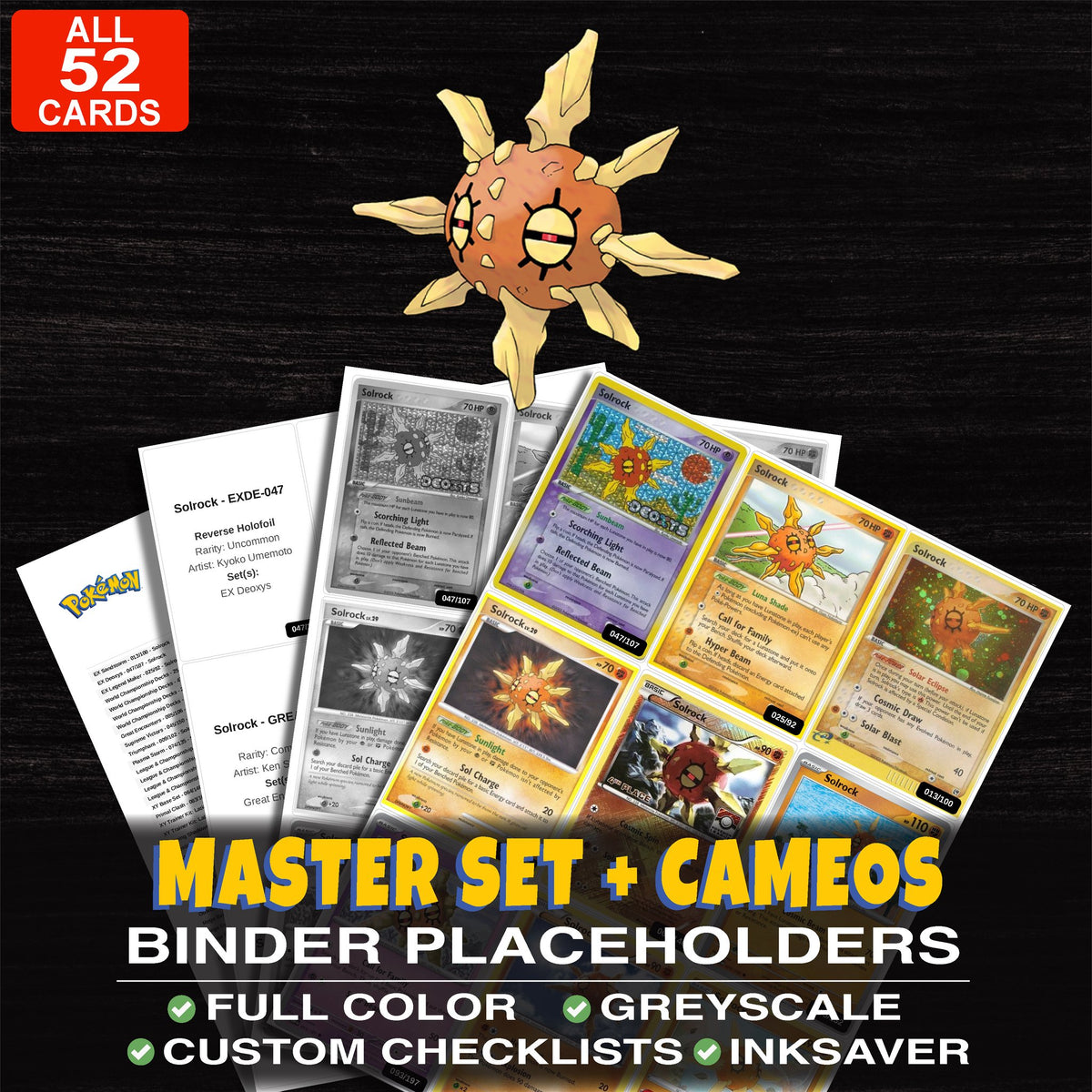 Every Solrock Pokemon card ever made - master set binder placeholders with Solrock