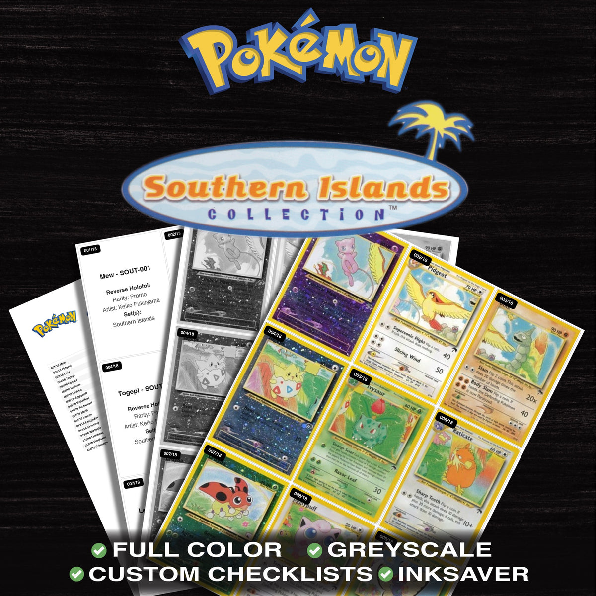 Southern Islands Pokemon binder placeholders printable PDF - includes tropical Mew