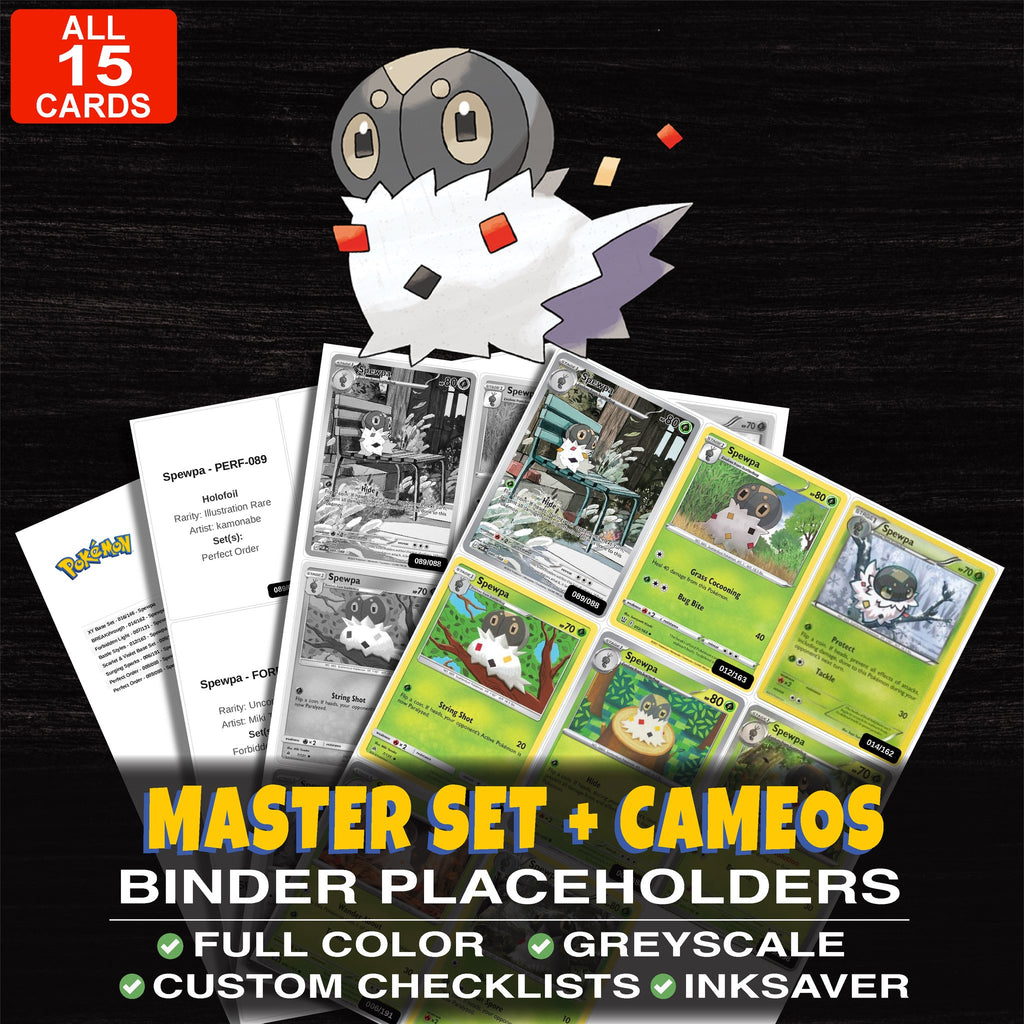 Every Spewpa Pokemon card ever made - master set binder placeholders with Spewpa