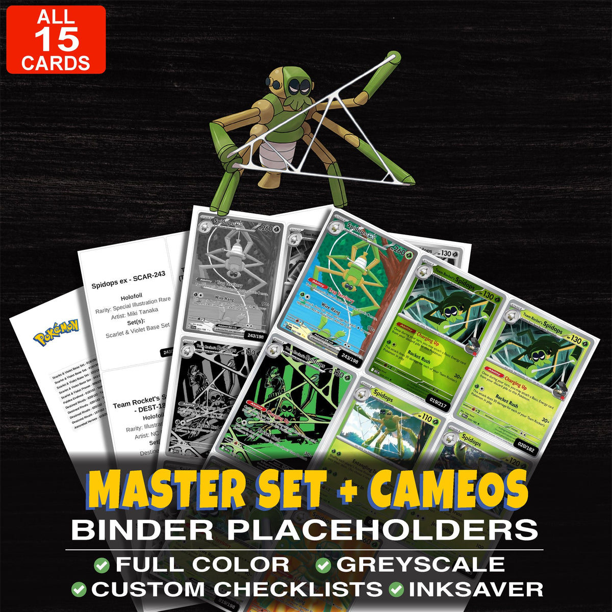 Every Spidops Pokemon card ever made - master set binder placeholders with Spidops ex