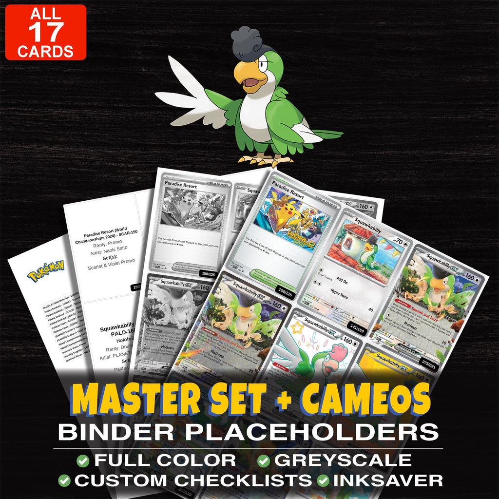 Every Squawkabilly Pokemon card ever made - master set binder placeholders with Squawkabilly ex