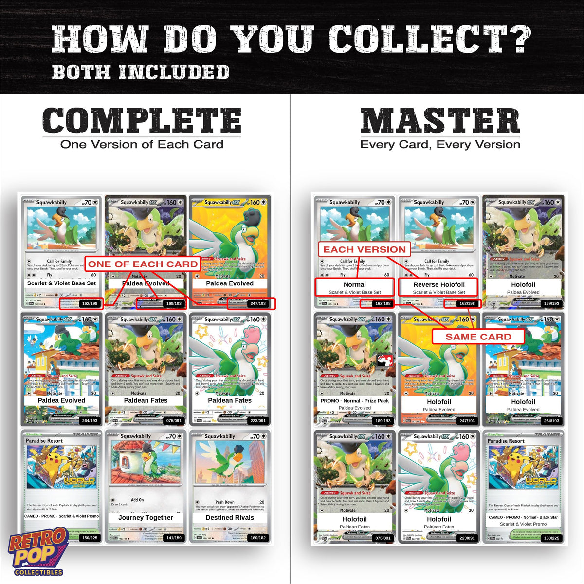 Complete Set vs Master Set versions of the Squawkabilly binder placeholders