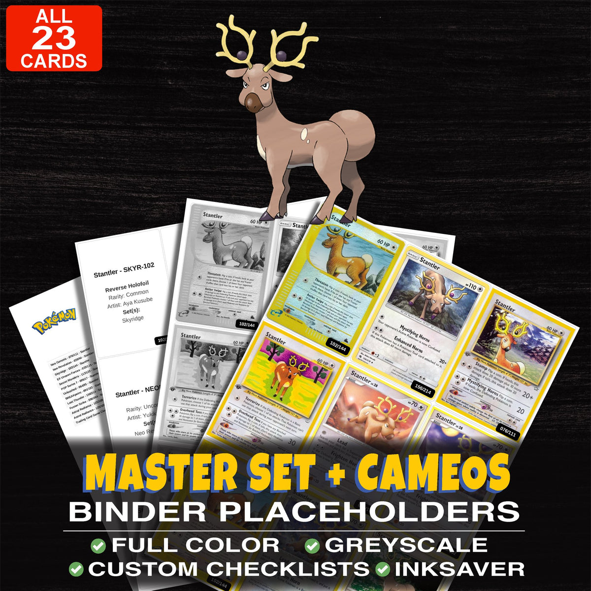 Every Stantler Pokemon card ever made - master set binder placeholders with Stantler