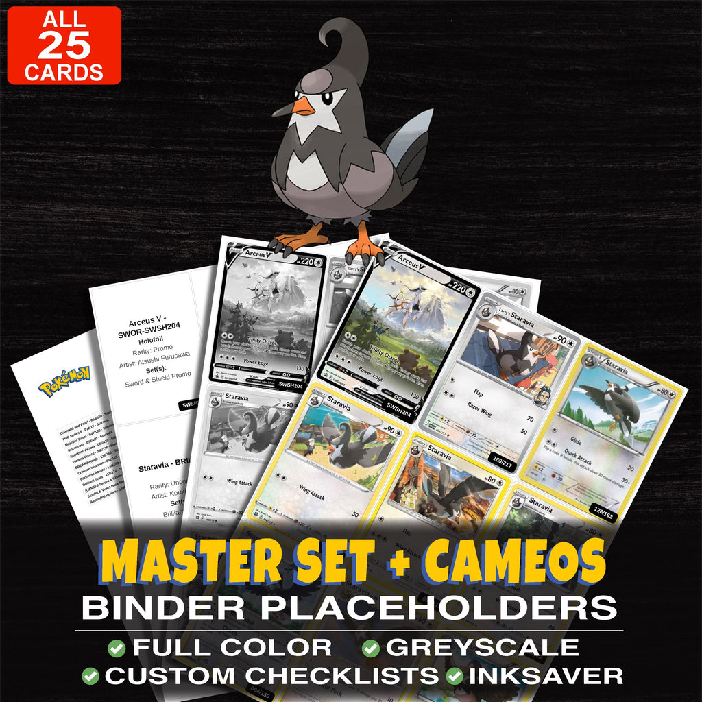 Every Staravia Pokemon card ever made - master set binder placeholders with Staravia