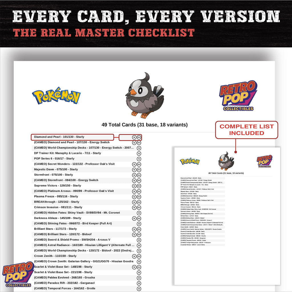 Starly master set checklist PDF preview - every card listed
