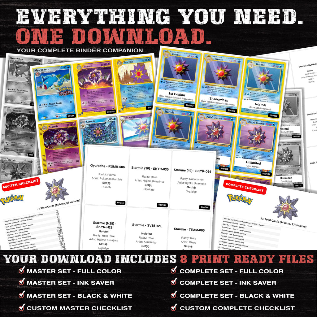 Everything included in the Starmie master set download - 8 PDF files