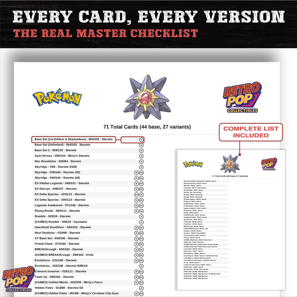 Starmie master set checklist PDF preview - every card listed